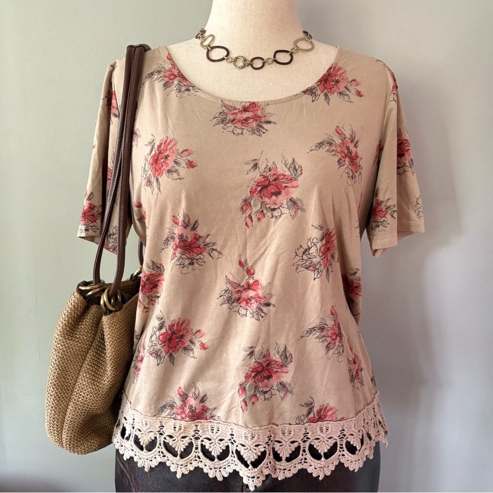 Western style faux suede top with lacy trim